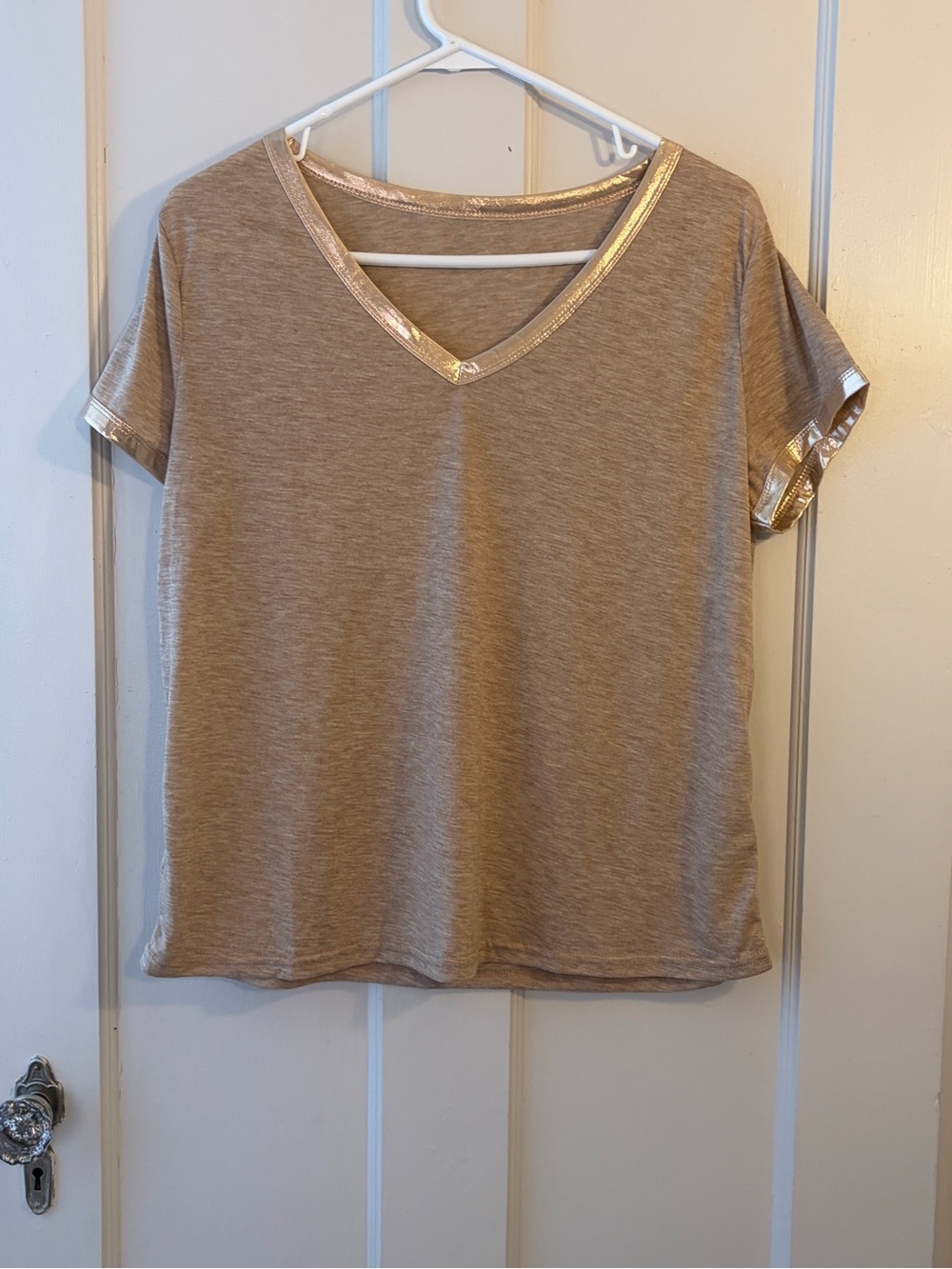 SHEIN Tan V-Neck Tee with Gold Trim